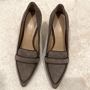 Ann Taylor Taupe Suede Pointed-Toe Loafers with Strap Detail